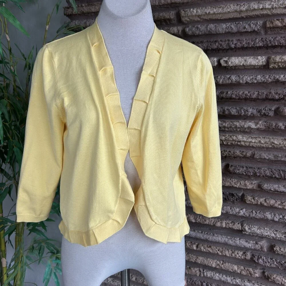 89th and Madison Yellow Pleated Trim Open Drape Cardigan Sweater Size M